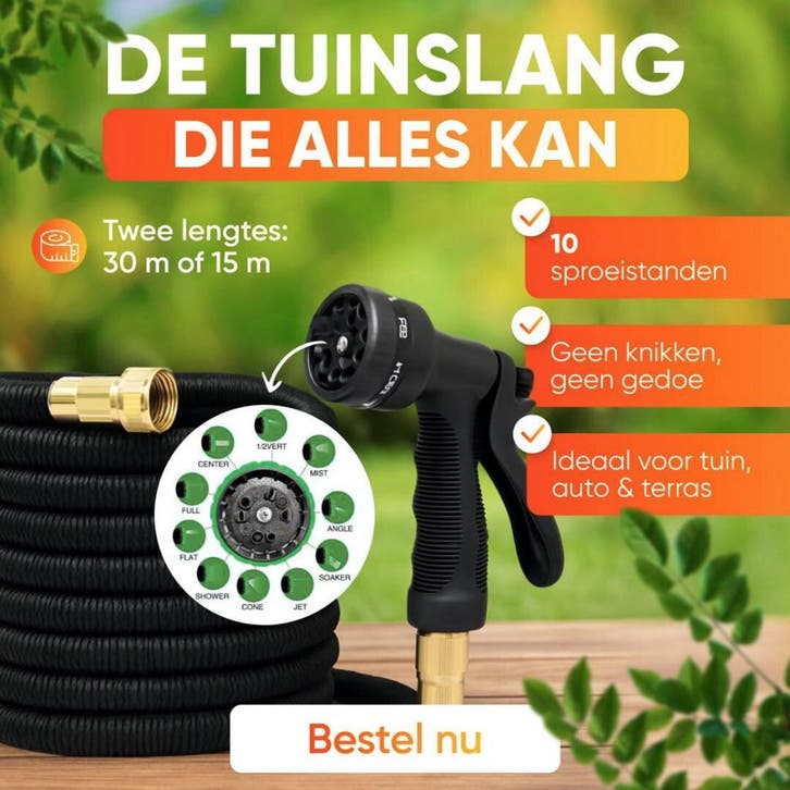 De Slimhose – Flexibele Uitrekbare Tuinslang 15 Meter met 10, Tuin en Terras, Tuinslangen, Nieuw, Ophalen of Verzenden