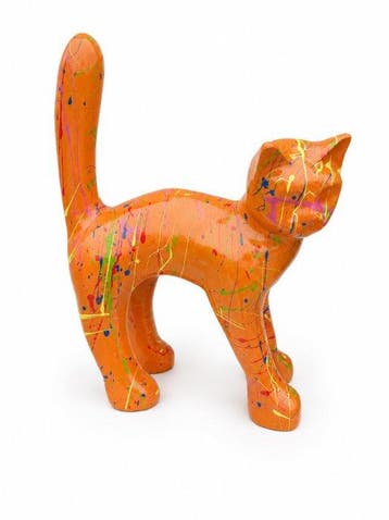 Beeld, garden statue cat color yellow with paint color - 31
