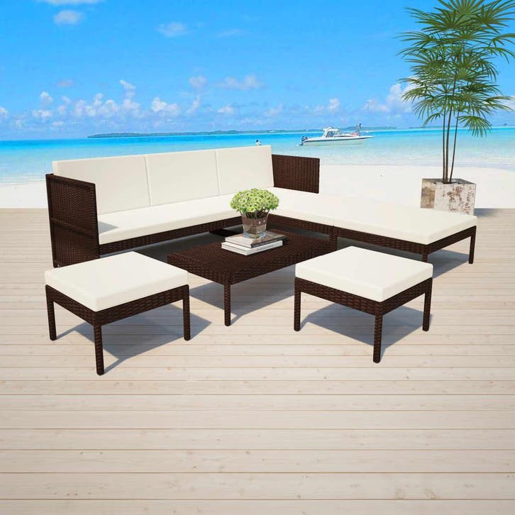 vidaXL 6-delige Loungeset met kussens poly rattan bruin, Tuin en Terras, Tuinsets en Loungesets, Loungeset, Nieuw, Verzenden