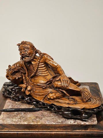 Zeldzaam Houten Beeld van Li Tieguai met Qilin – 19e Eeuw,