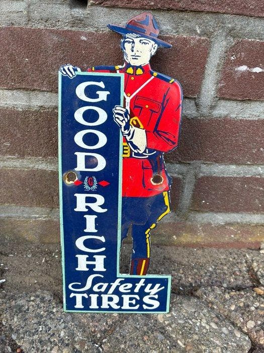 Vintage Goodrich Safety Shoes reclamebord – emaille, Antiek en Kunst, Antiek | Wandborden en Tegels
