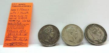 France. Luigi Filippo I. Lotto 3 monete in argento da 5