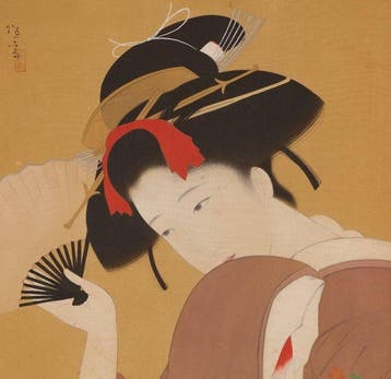 Très belle peinture « Beauty With Fan », signée. - Soie -