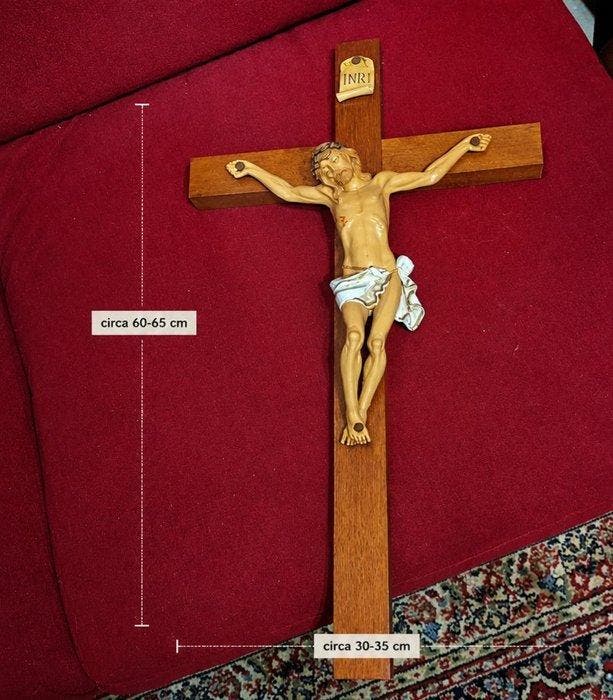 Groot wandkruis met Christus in reliëf - 60 cm - Hout, Hars, Antiquités & Art, Antiquités | Livres & Manuscrits