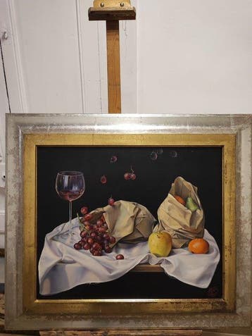 Escuela hiperrealista (XX) - Bodegón de vino y frutas