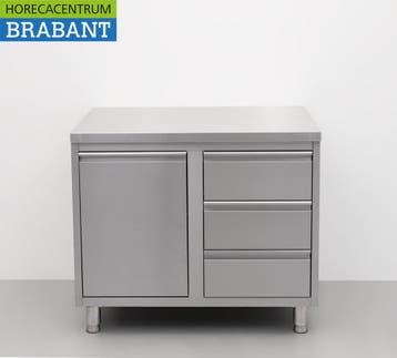 HCB RVS Werkkast Kast Werktafel Afvalbak en 3 laden 100 cm, Ophalen of Verzenden