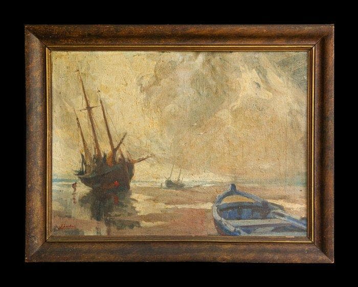 Jules Lentrein (1875-1943) - Bateaux échoués, Antiquités & Art, Art | Peinture | Classique