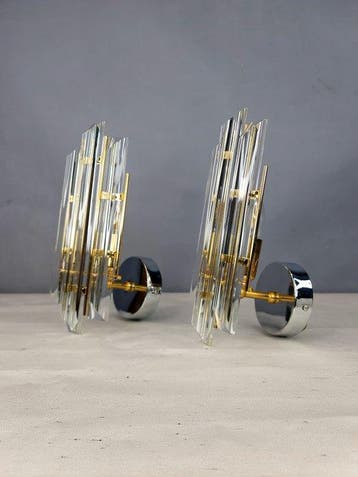 Wandlamp - Kristal en metaal - Paar vintage wandlampen