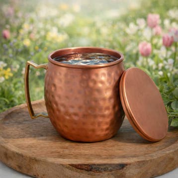 Puur koperen Moscow Mule beker gehamerd, met losse deksel ±, Ophalen of Verzenden
