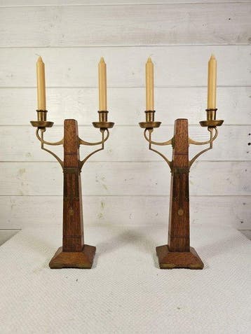 Zeldzaam Paar Art Deco / Amsterdamse School Kandelaars -