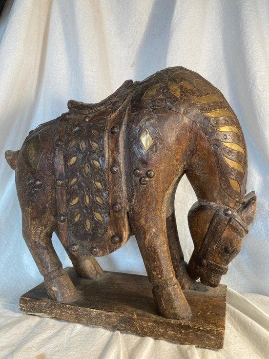 Prachtig Paard - Hout, Koper, Messing - India - Eind 20e, Antiquités & Art, Art | Art non-occidental