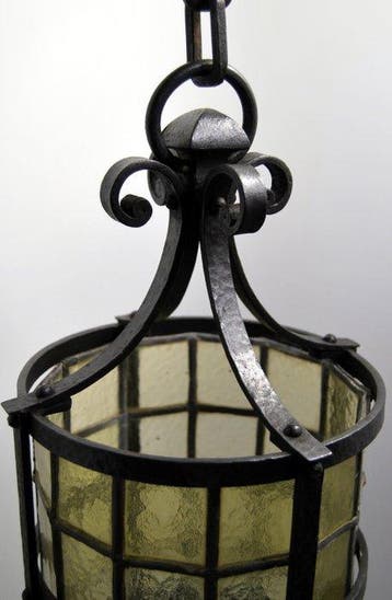 Plafonnier - Vitrail, Fer forgé - Lanterne suspendue, Antiquités & Art