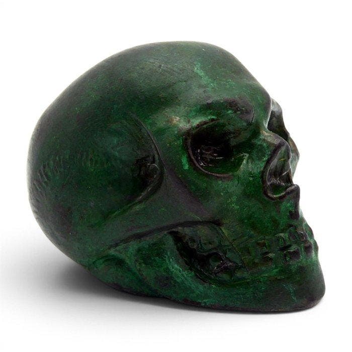 sculptuur, Memento Mori Teschio umano con Patina Verde, Verzamelen, Mineralen en Fossielen