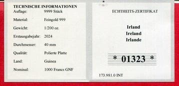 Guinee. 1000 Francs 2024 Ireland - Proof (Zonder