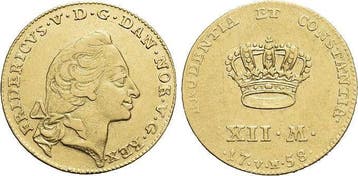 Goud-kurant-dukat zu 12 Mark 1758 Vh Denmark Frederik V,..., Verzenden