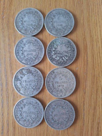 France. 5 Francs 1848/1876 Hercule (lot de 8 monnaies en, Postzegels en Munten