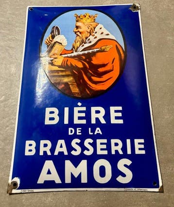 Geëmailleerde plaat Bière Amos 30’s - Emaille plaat - Metaal, Antiek en Kunst