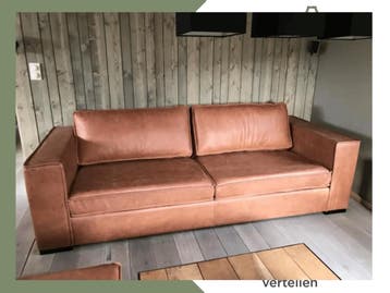 Leren 3.5-zits bank met Franse stiknaad en houten poten -, Antiek en Kunst, Ophalen of Verzenden