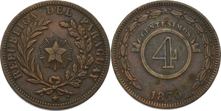 4 Centesimos 1870, Paraguay Republik, Timbres & Monnaies, Monnaies | Amérique, Envoi
