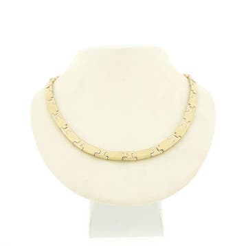 Bicolor gouden fantasieschakel collier. (Ketting), Ophalen of Verzenden, Gebruikt, Goud, Goud