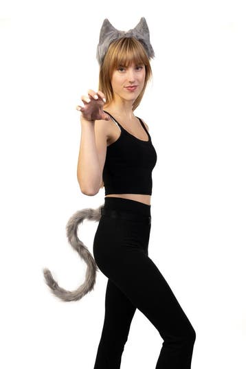 KIMU® Haarband Furry Oren Staart Set Grijs Kat Poes Vos Diad, Ophalen of Verzenden, Nieuw