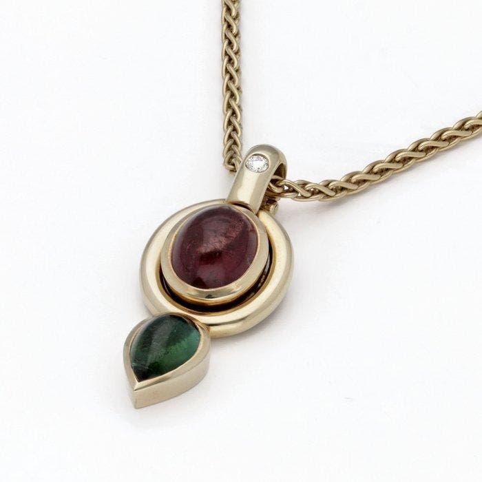 Halsketting - 14 karaat Geel goud Toermalijn - Diamant -, Handtassen en Accessoires, Kettingen