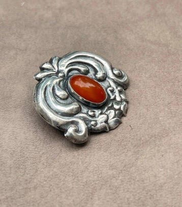 Zilver, Amber - Broche - Deense Art Nouveau-broche