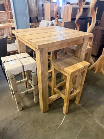 Set bartafel + 4 krukken, teakhout (nieuw, outlet), Tuin en Terras, Nieuw