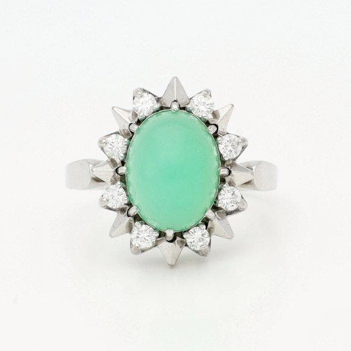 Ring - 14 karaat Witgoud Diamant (Natuurlijk) - Jadeït., Bijoux, Sacs & Beauté, Bagues