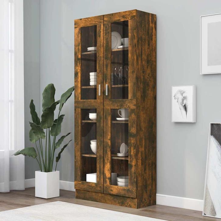 vidaXL Vitrinekast 82,5x30,5x185 cm bewerkt hout gerookt, Huis en Inrichting, Kasten | Boekenkasten, Nieuw, Verzenden