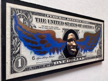 gregos - Flying dollar-blue and gold mockery, Antiquités & Art