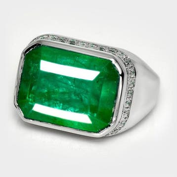 Bague - 14 carats Or blanc - 15.38ct. tw. Émeraude - Diamant