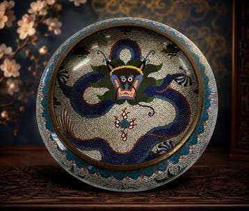 Chinese cloisonné schaal – draken en vlammende parel –