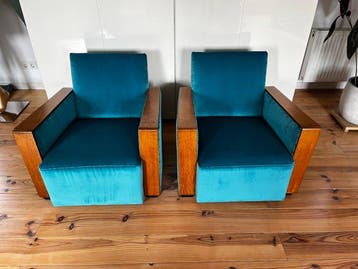 Lounge stoel (2) - Velours, Eik - Art Deco lounge chairs, Antiek en Kunst