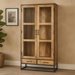 Vitrinekast Mangohout Owen 95 cm, Huis en Inrichting, Verzenden, Nieuw, Overige houtsoorten, Industriële meubels