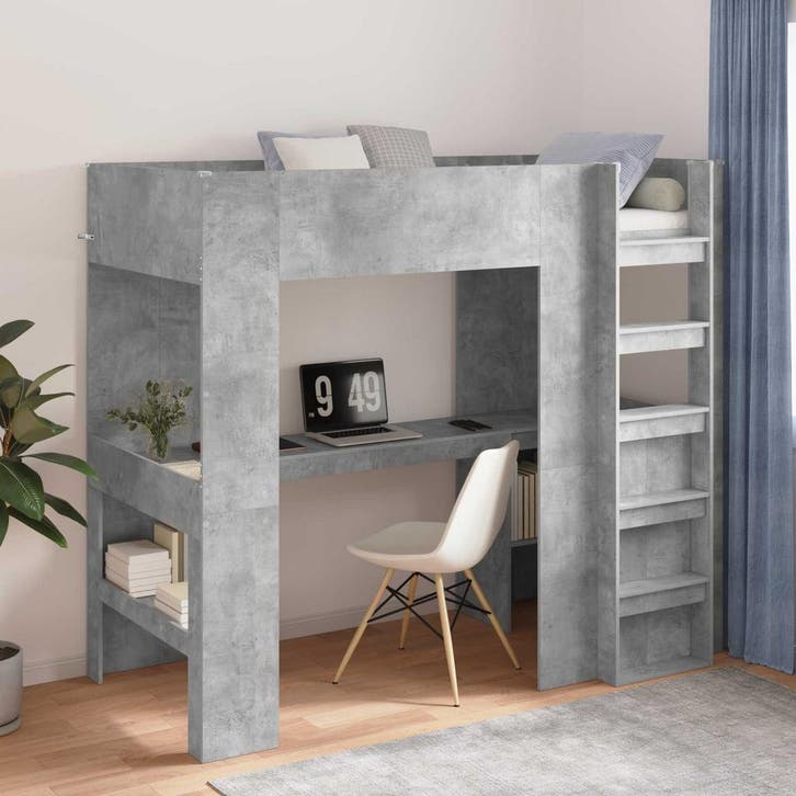 vidaXL Stapelbedframe met Bureau Beton Grijs 90 x 190 cm, Huis en Inrichting, Slaapkamer | Bedden, Nieuw, Verzenden