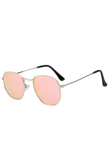 KIMU® Zonnebril Hexagonal Goud Montuur Rosé Zeshoekige Spieg, Ophalen of Verzenden, Nieuw, Roze