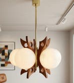 Plafondlamp - Glas, Hout, Messing - Een hanglamp met vijf