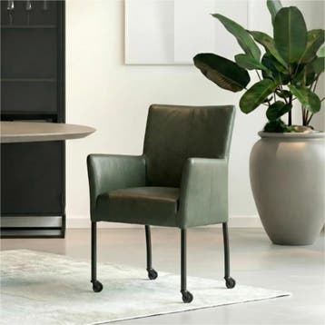 Set van 6 Leren eetkamerstoelen Comfort met wieltjes en, Ophalen of Verzenden, Nieuw, Leer