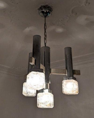 Lampe à suspendre - Verre - Structure en métal chromé -, Antiek en Kunst, Antiek | Verlichting
