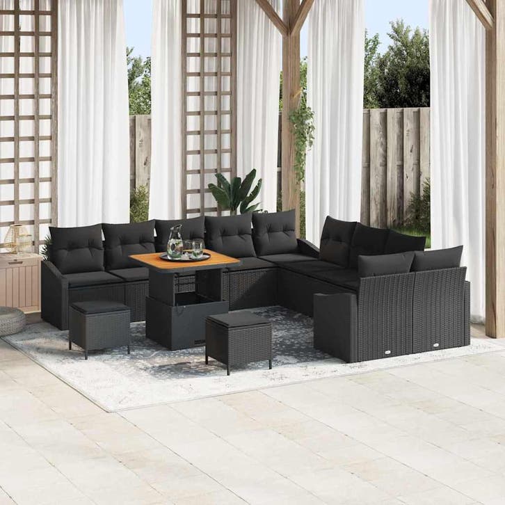 vidaXL Tuinbank Set met kussen 13 pcs Zwart poly rattan, Tuin en Terras, Tuinsets en Loungesets, Nieuw, Verzenden