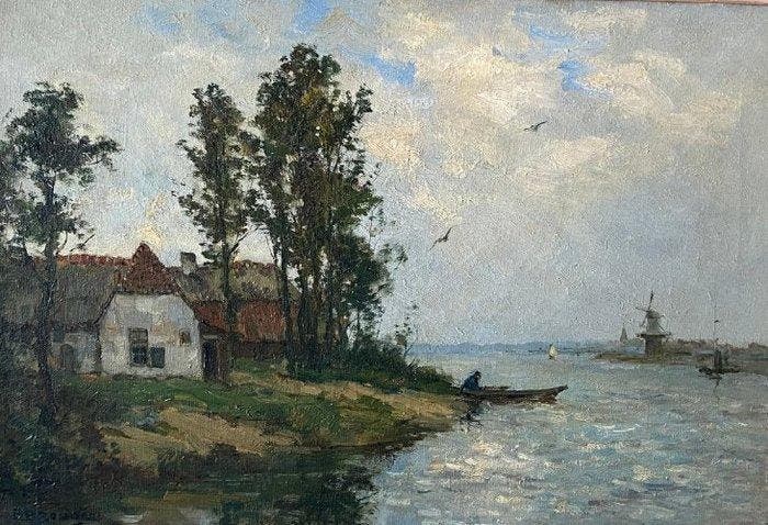 Barend Brouwer (1872-1936) - De Rijn bij Milligen, Antiek en Kunst, Kunst | Schilderijen | Klassiek