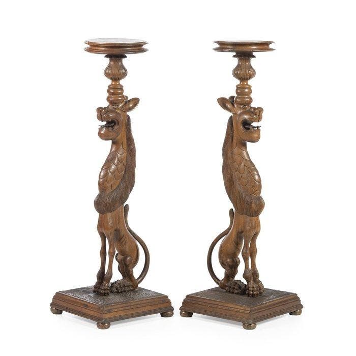 Kolom (2) - 19e/20e eeuw - Lion Pedestals, Antiek en Kunst, Antiek | Meubels | Stoelen en Sofa's