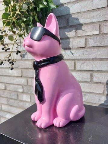 Statue, pink cat with tie and sunglasses - 29 cm -