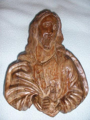 Sculpture, Jezus met Heilig Hart - Handgesneden - 18 cm -
