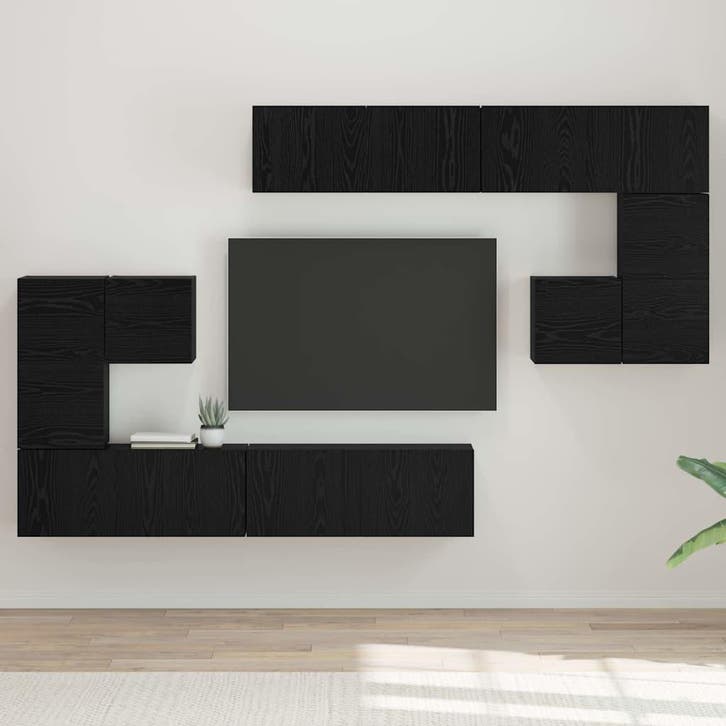 vidaXL TV Eenheden Wandgemonteerd 4 pcs Zwart Eiken Bewerkt, Huis en Inrichting, Kasten |Televisiemeubels, Nieuw, Verzenden
