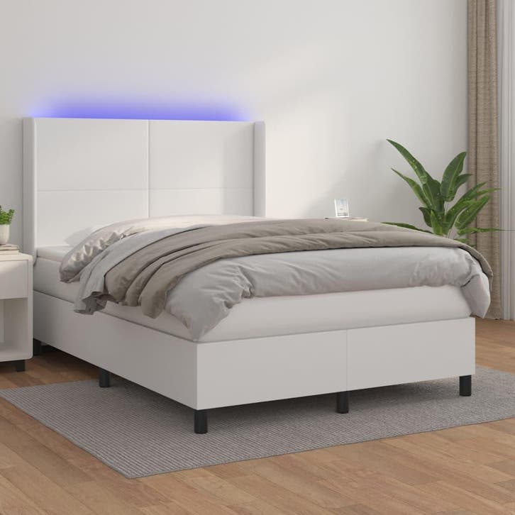vidaXL Boxspring met matras en LED kunstleer wit 140x200 cm, Maison & Meubles, Chambre à coucher | Lits, Envoi