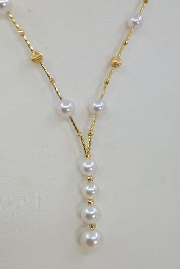 Halsketting - 18 karaat Geel goud - 4×8,5 mm Akoya parels, Nieuw