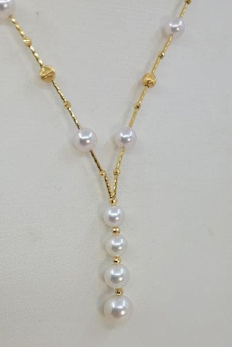 Halsketting - 18 karaat Geel goud - 4×8,5 mm Akoya parels, Handtassen en Accessoires, Kettingen