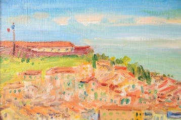 Levendig olieverfschilderij van Collioure met vuurtoren en
